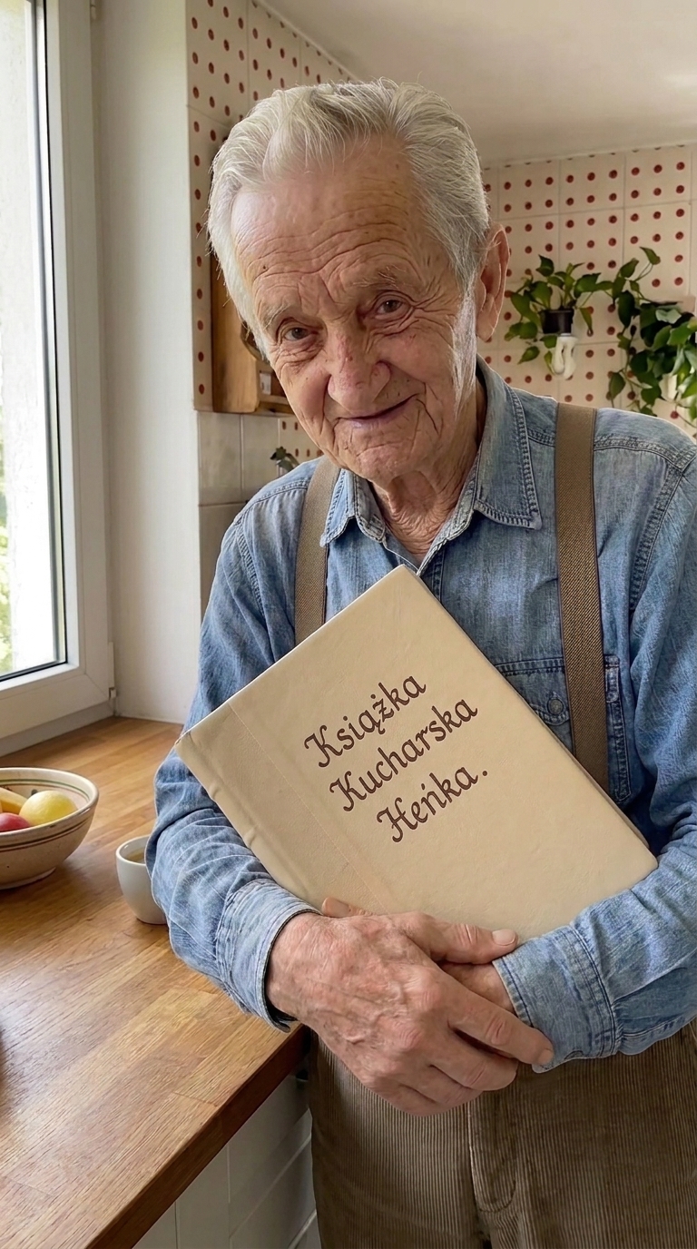 Heniek w swojej kuchni, trzyma w rękach książkę kucharską